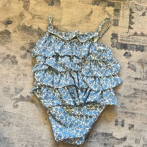 Baby Boden swimsuit, size 2-3 year, blue flowers with ruffles.